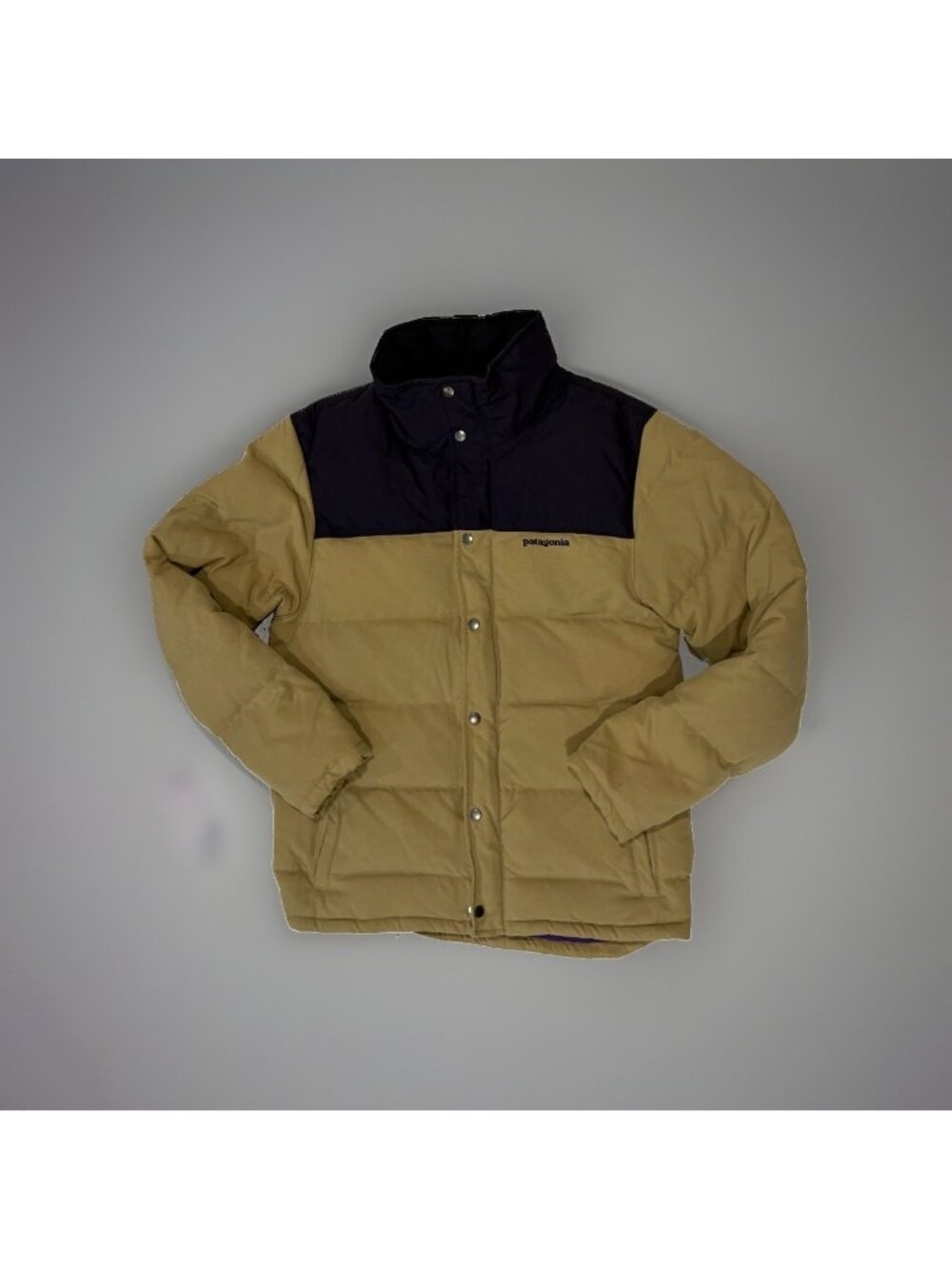 Patagonia Bivy Down Jacket Puffer Tan and Blue Full Zip Snap Coat EUC Mens Small